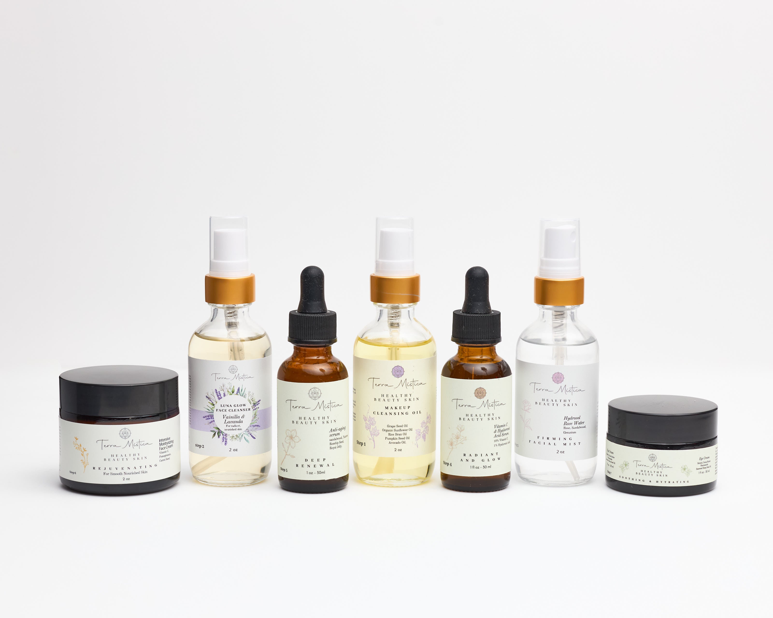 Terra Mistica 7-step natural skincare kit with plant-based serums, face cream, and cleansing oil for all skin types